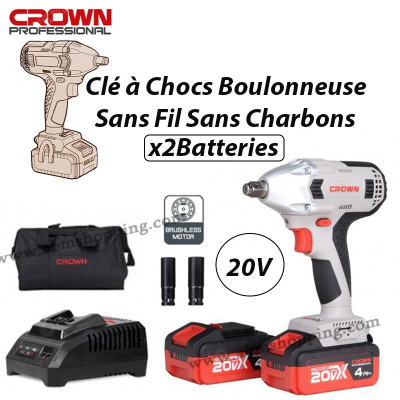 Clé à Chocs Boulonneuse Sans Fil Sans Charbons 20V 1/2 320Nm 2 batteries  4.0AH CROWN
