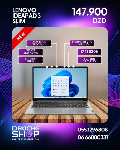 Laptop LENOVO 15.6 Pouces IdeaPad Slim 3 15IRH8 I7-13620H Ram 16GB SSD 512GB NVMe