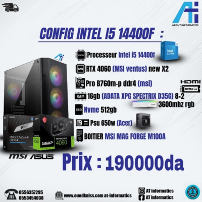 CONFIG PC INTEL I5 14400F AVEC RTX 4060 8GB MSI VENTUS 2X NEW
