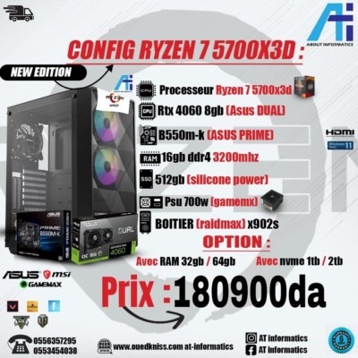 CONFIG PC GAMING AMD RYZEN 7 5700X3D AVEC RTX 4060 8GB ASUS DUAL 