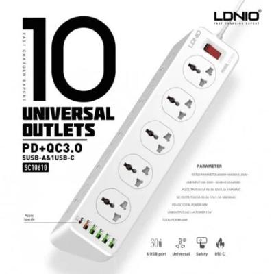 Multiprise LDNIO SC10610 - Chargeur USB 30W avec 10 Prises Secteur, 5 Ports USB, 1 Port USB-C 