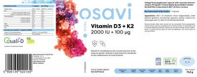 Osavi Vitamine D3 + K2, 2000 UI + 100 mcg 120 softgels