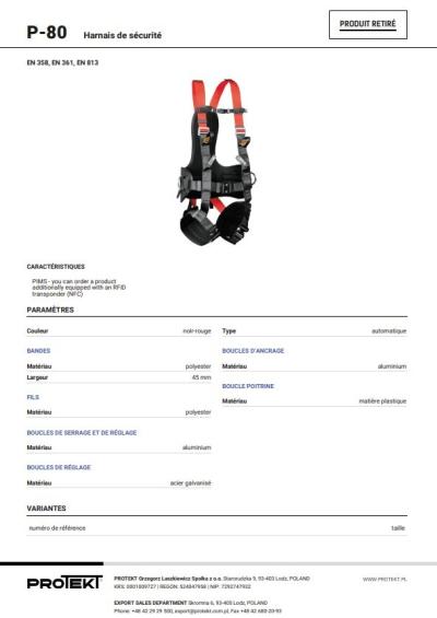 Protekt Harnais de sécurité Standards  EN 358  EN 361  EN 813