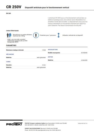 Protekt Dispositif antichute pour le fonctionnement vertical 10m