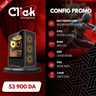 CONFIG /R3 4300G/RAM 8GO LPX /240GO SSD BX500/A520M K GIGABYTE V2/650W ARES/ARES C202