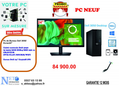 PC DE BUREAU DELL 3050 i5 6500/ 8GB RAM/256GB SSD/ ECRAN 24"