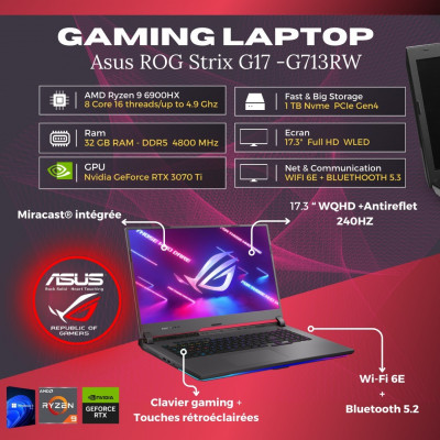 ROG Strix Ordinateur Portable 15.6 WQHD AMD Ryzen 9-6900H 16Go RAM DDR5  1To SSD Win 11 Gris