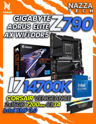 KIT Intel I7-14700K + GIGABYTE Z790 AORUS Elit AX + RAM 32GB (7200Mhz Cl34)
