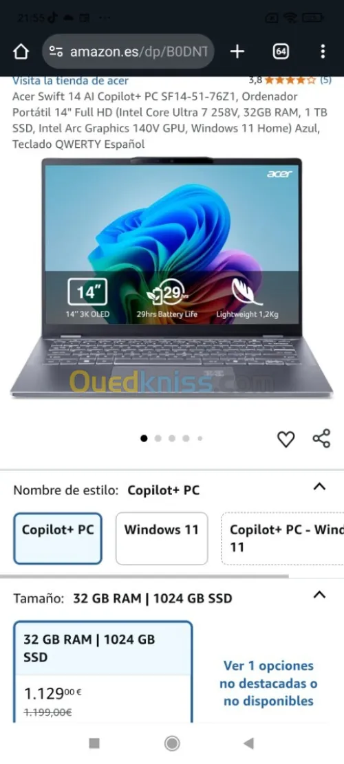 Acer Swift 14 Al Copilot + PC Ultra 7 258V/32GB/1T