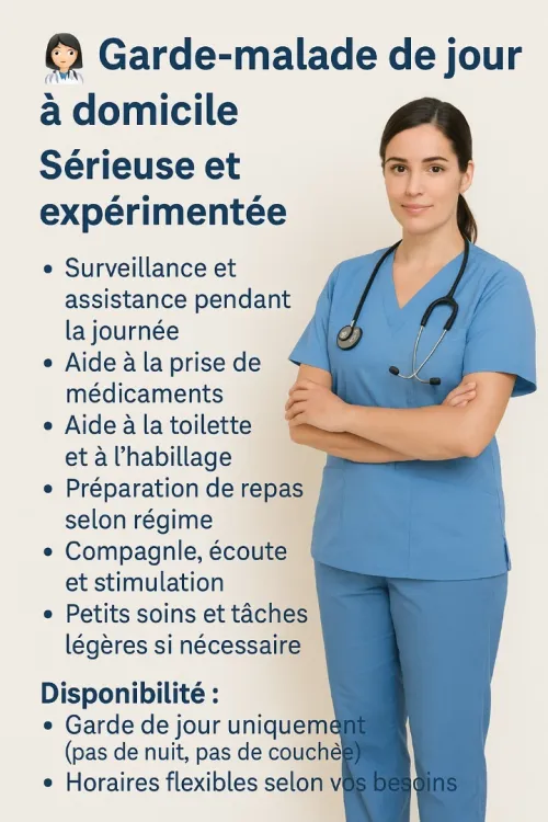 Garde-malade de jour à domicile  Sérieuse et expérimentée