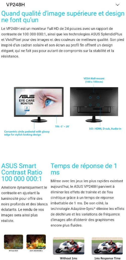 Moniteur gaming Asus 75hz 1ms