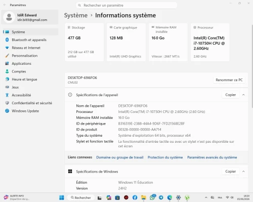 pc de bureau Intel(R) Core(TM) i7-10750H CPU @ 2.60GHz (2.60 GHz) 16GB / 500GB SSD