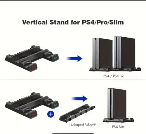 Station de Charge Rafraîchissante pour PS4 Slim et Pro avec Station de Charge de Manettes, Indicateur Lumineux, Support de Charge pour Manettes, Base avec Fentes pour Disques et Cartes de Jeux po