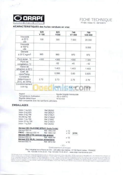 HUILE SILICONE PURE ORAPI 825 V300 1 L  NON DISPONIBLE