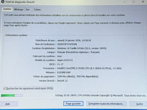 ACER ASPIRE A515-573 / I3 7 EME / 8G / 256 SSD /15.6 FHD