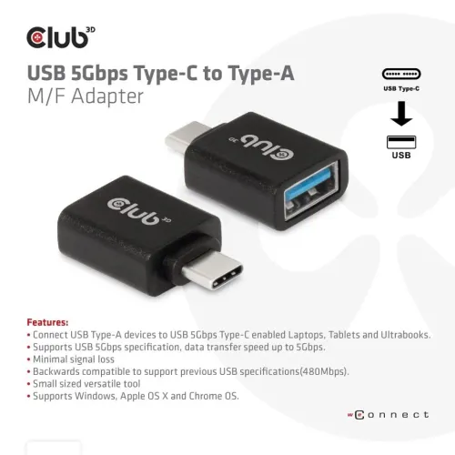 CABLE CLUB 3D CAA-1521 - USB TYPE C 3.1 GEN 1 MALE TO USB 3.1 GEN 1 TYPE A FEMALE ADAPTER