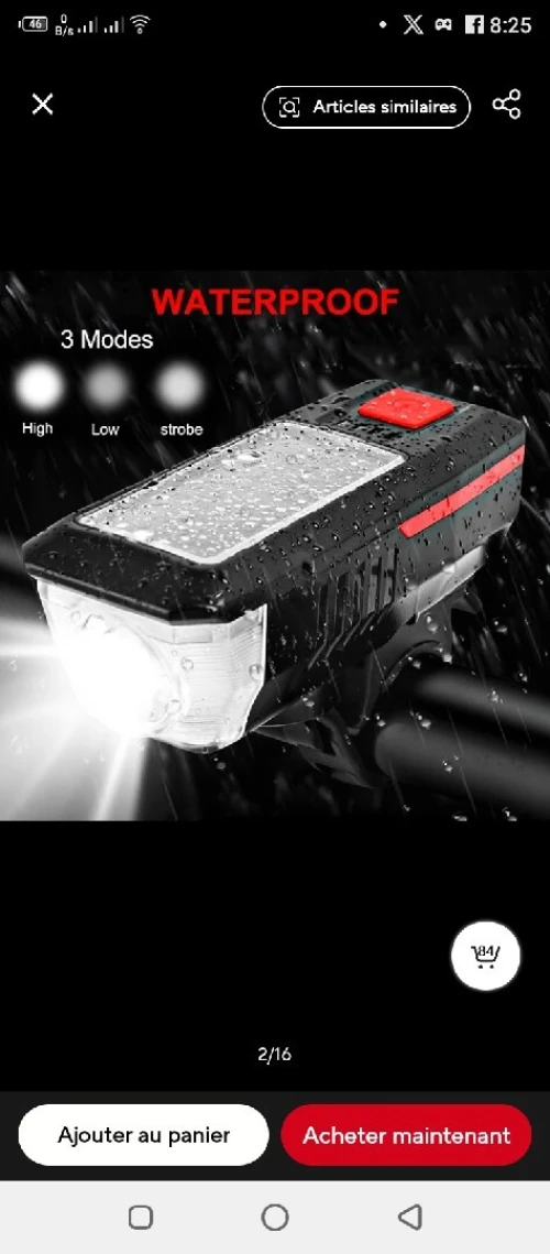 مصباح أمامي قابل للشحن بالطاقة الشمسية للدراجات مع كلاكسون صوتي قوي Lamp de vélo rechargeable au scolaire plus Klaxon de vélo au 05 modes