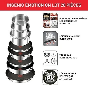  Tefal Batterie Ingenio  de cuisine 20 pièces, Poêles, Casseroles, 2 poignées amovibles   L897SK04