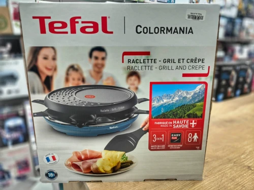 Tefal Raclette Colormania 3 en 1 Appareil à Raclette Grill 8 Coupelles1050 W Bleu Acier RE310401