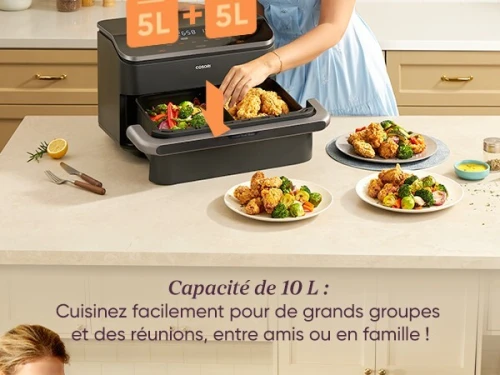 COSORI Air Fryer 10L Twinfry Friteuse sans Huile Double Résistance Airfryer à Dual Zone Avec Séparateur Amovible 5-en-1 2400W