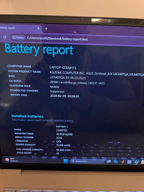 ASUS ZENBOOK A14 snapdragon(R)X-X126000_ Qualcomm RAM 16GB DDR5/DISK 512GB SSD/14 POUCE 3K OLED 60hz