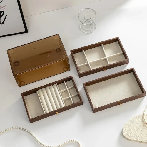 Coffret à bijoux en bois à trois niveaux très élégant couleur noyer  علبة تنظيم المجوهرات