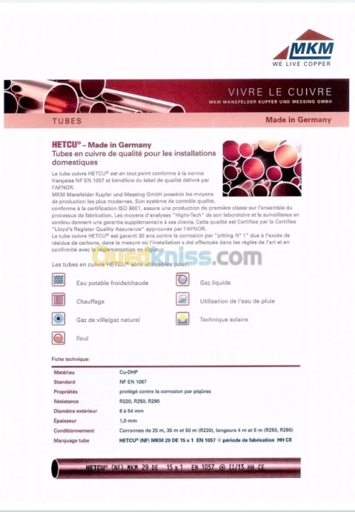 Cuivre en Barre 5 ML 14-22-16-28-40-42
