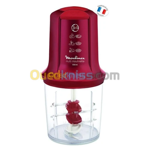 MOULINEX AT714G32 Mini Hachoir Électrique Multi Moulinette 3 en 1- 500W- Rouge
