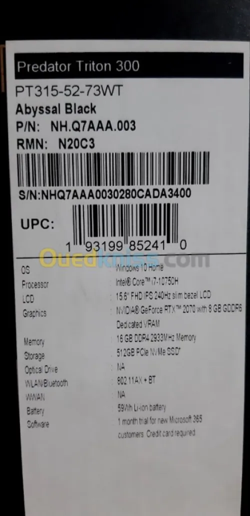 PREDATOR TRITON 300 i7 10750H/RTX2070