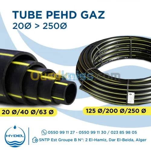 TUBE PEHD PE GAZ DN20|DN40|DN63|DN110|DN125|DN160|DN200|DN250