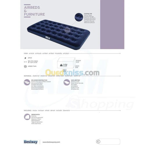 Matelas bestway pour adulte 188 x 99 x 22 cm