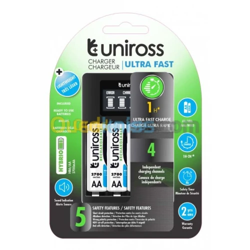 Chargeur de pile UNIROSS ULTRA FAST 1-2h LCD AA / AAA USB + 4 x Pile Uniross AA 2700mAh UCU005A