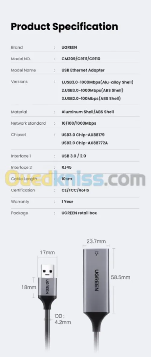 USB type c vers RJ45 1000 Mbps - Ugreen