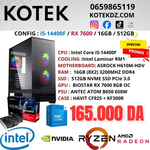 CONFIG PC GAMER - i5-14400F (14EME) / RX 7600 8GB / 16GB RAM DDR4 / 512GB SSD NVME