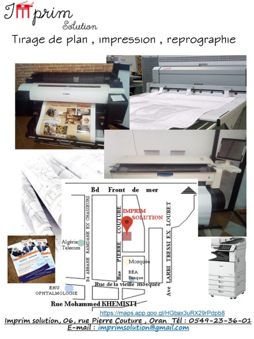 Tirage de plans , impressions Couleurs A0, impression thèses , reliure (tadjliid) , Flyer , carte de visite ...