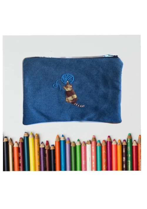 pochette en jean chat de broderie pour crayons et maquillage