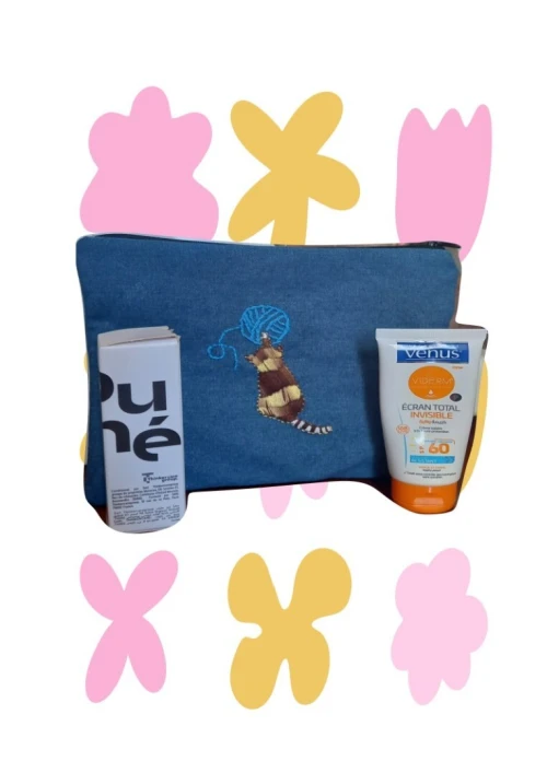 pochette en jean chat de broderie pour crayons et maquillage