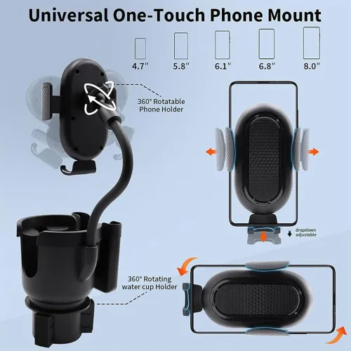 Support de téléphone pour voiture avec porte-gobelet rotation à 360