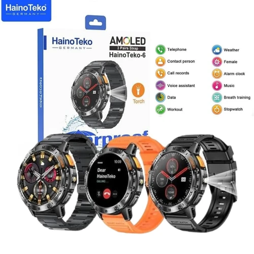 Montre Connectée HainoTeko-6  AMOLED, 3 Paires de Bracelets, Lampe Intégrée