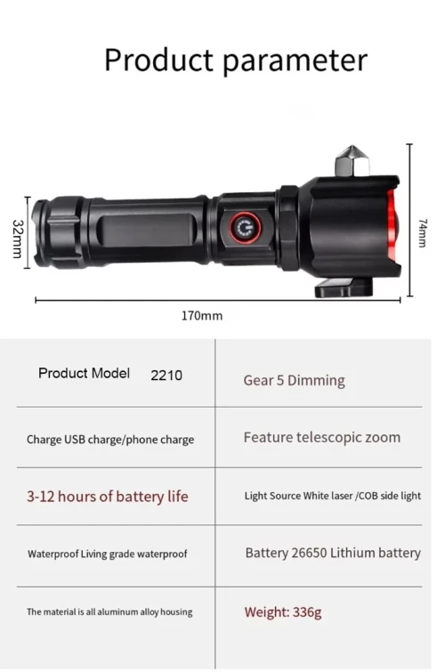 Lampe Torche Multifonctionnel LED Puissante Rechargeable par USB  طورش عالي السطوع