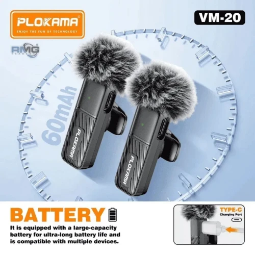 Microphone Sans Fil Double  Enregistrement Stable Plokama VM-20 2,4 GHz