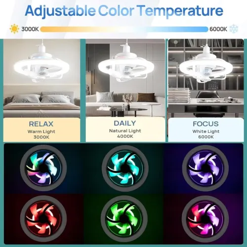 Lampe Ventilateur E27 RGB Éclairage Multicolore et Contrôle à Distance