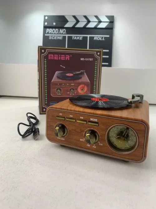 Haut-Parleur Bluetooth Vintage Design Tourne-Disque avec Radio Intégrée
