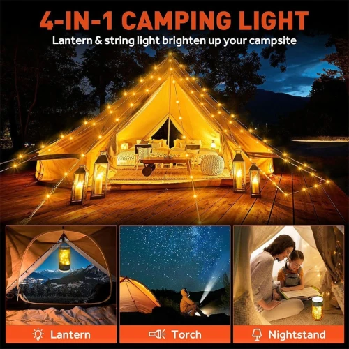 Lampe de Camping avec Guirlande Lumineuse 15m Enroulable, Ambiance Garantie !