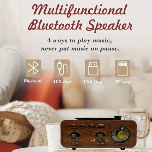 Haut-Parleur Bluetooth Vintage Design Tourne-Disque avec Radio Intégrée