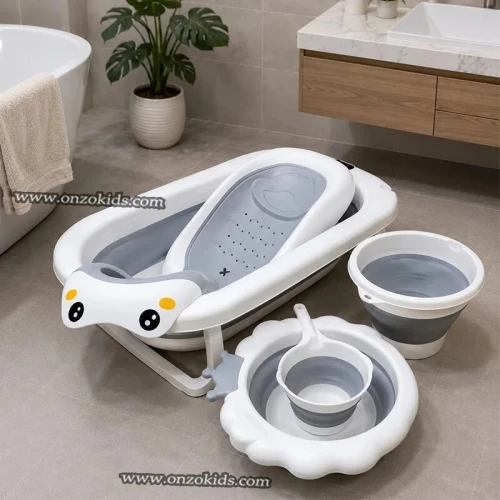 Baignoire Bébé Pliante Multifonction Avec Thermomètre Intégré & Kit Accessoires 5 Pièces