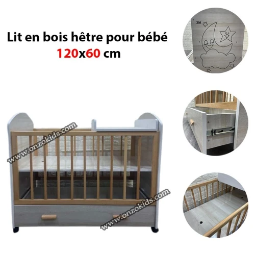 Lit en bois hêtre pour bébé 120 x 60 cm