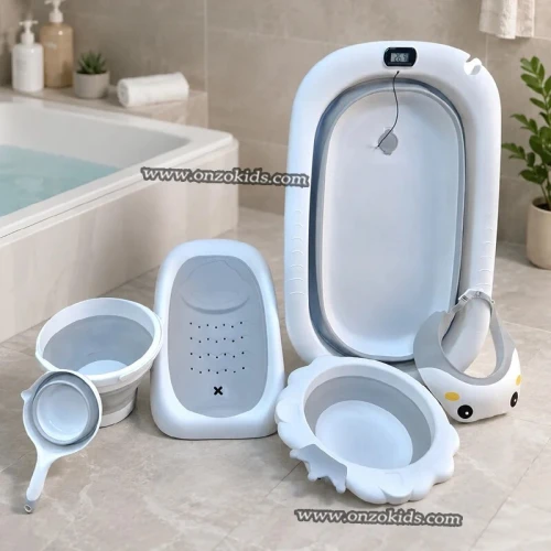 Baignoire Bébé Pliante Multifonction Avec Thermomètre Intégré & Kit Accessoires 5 Pièces