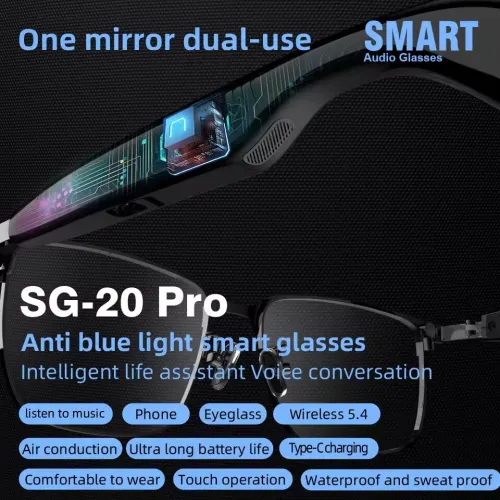 Lunette Intelligente SG-20 PRO Connectée Bluetooth Audio et Micro intégré avec Applique Solaire