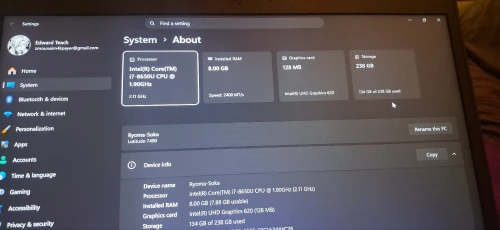 Dell Latitude 7490 Intel(R) Core(TM) i7 8650U CPU @ 1.90 GHz 2.11GHz